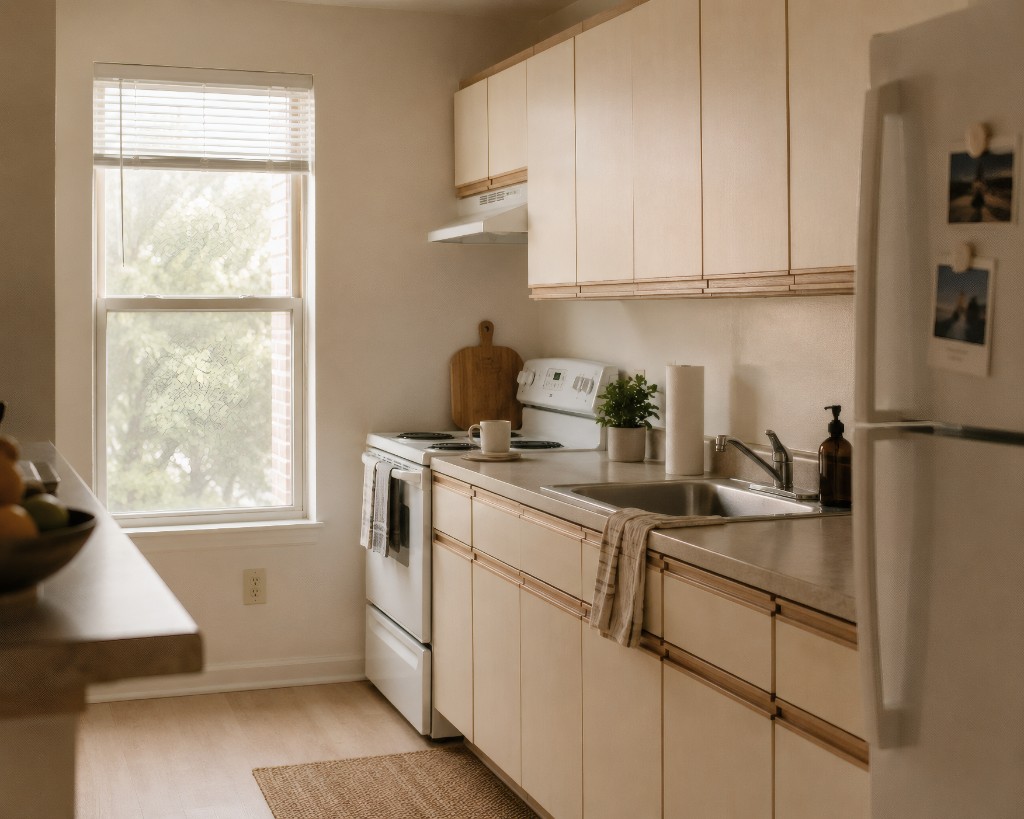 Clean, sunlit residential kitchen